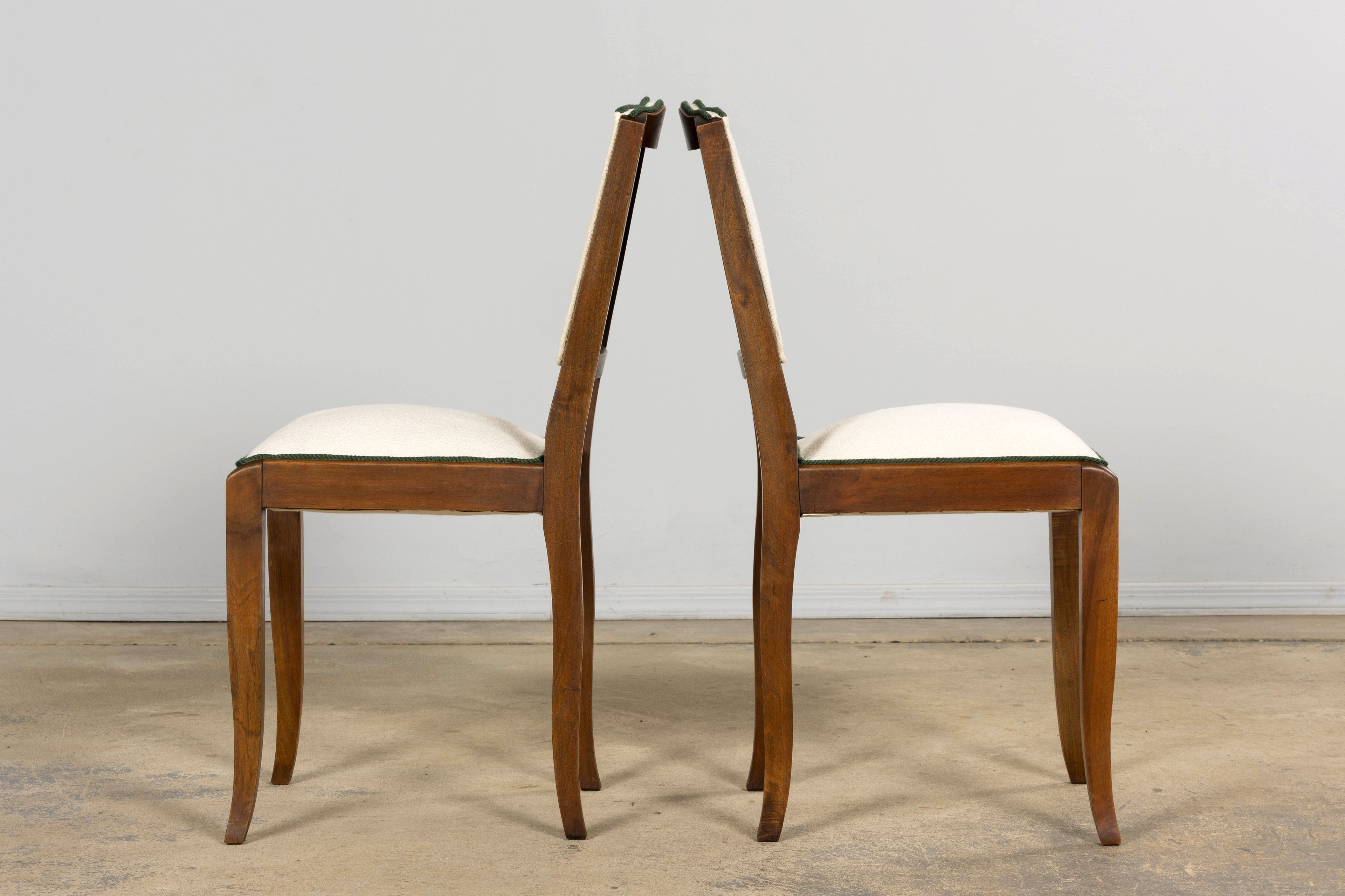 Set of Six 1930s French Art Deco Mustache Back Walnut Dining Chairs