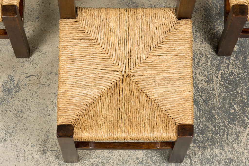 Set of Six French Provincial Oak Rush Seat Dining Chairs, Mid-20th Century