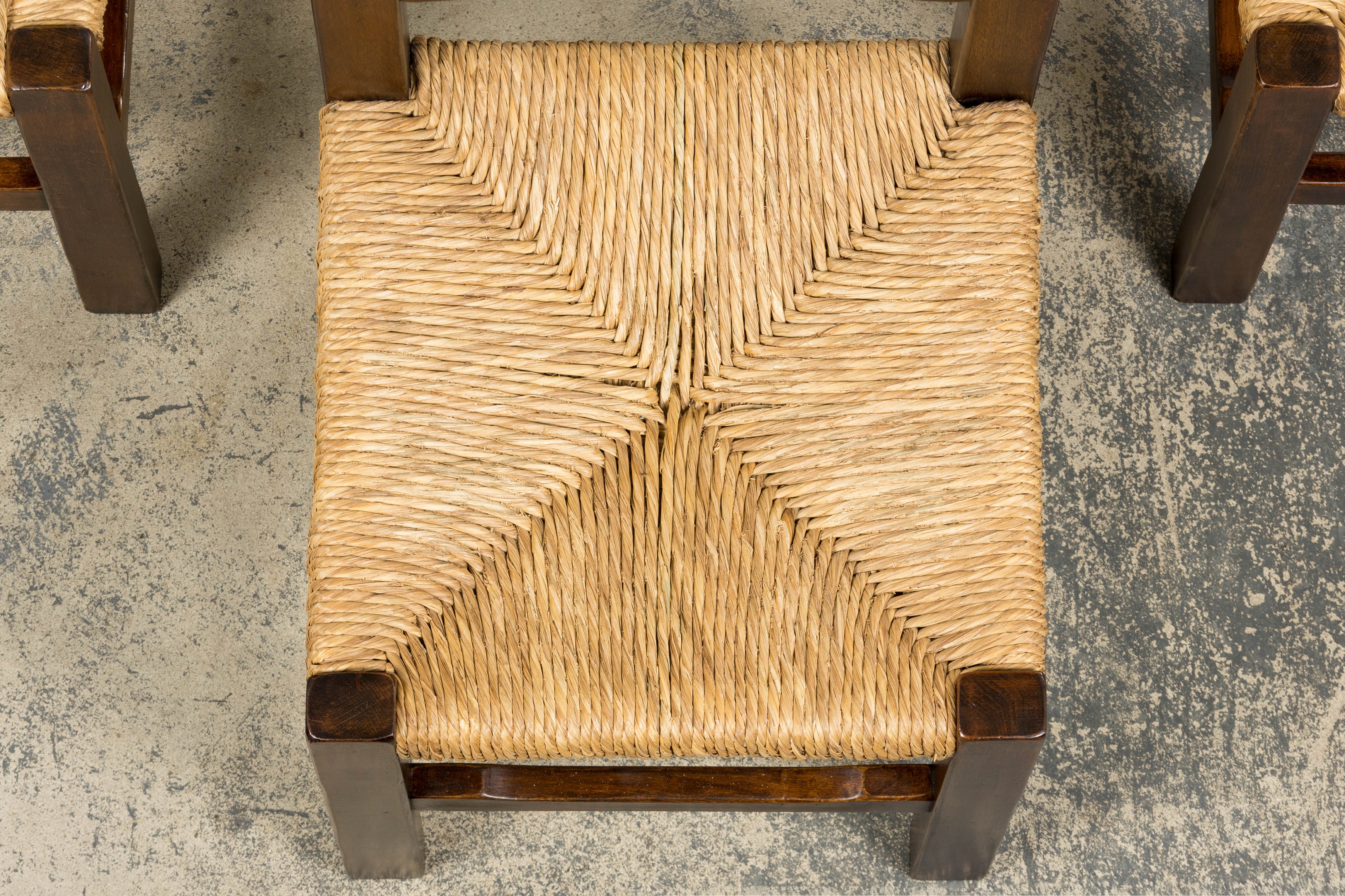 Set of Six French Provincial Oak Rush Seat Dining Chairs, Mid-20th Century