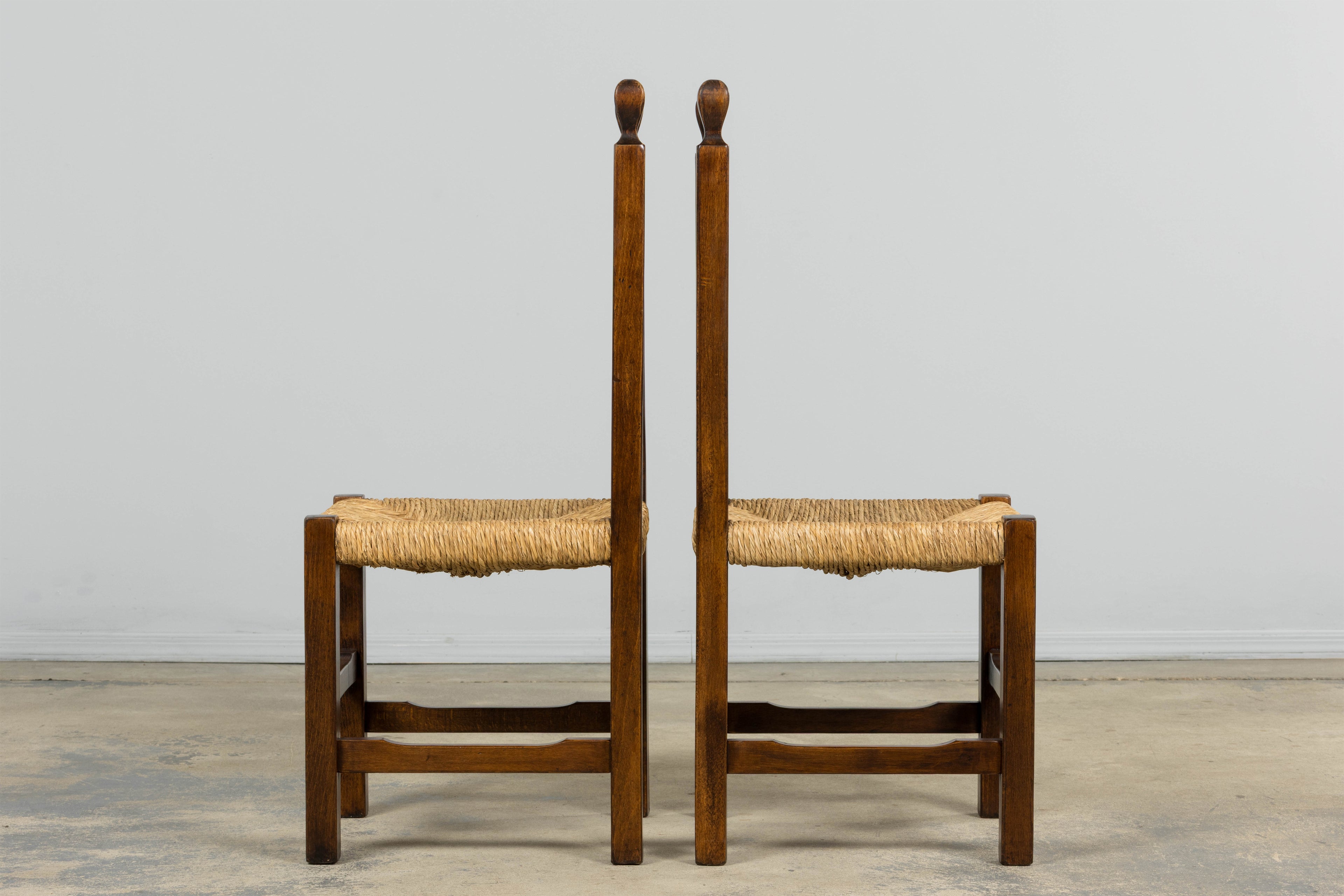 Set of Six French Provincial Oak Rush Seat Dining Chairs, Mid-20th Century
