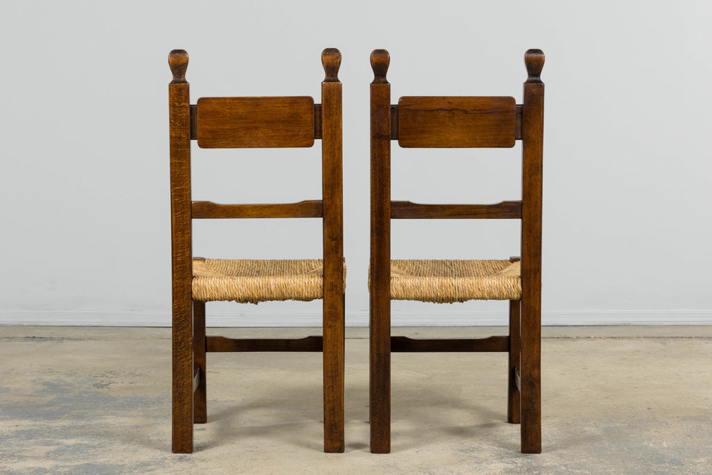 Set of Six French Provincial Oak Rush Seat Dining Chairs, Mid-20th Century