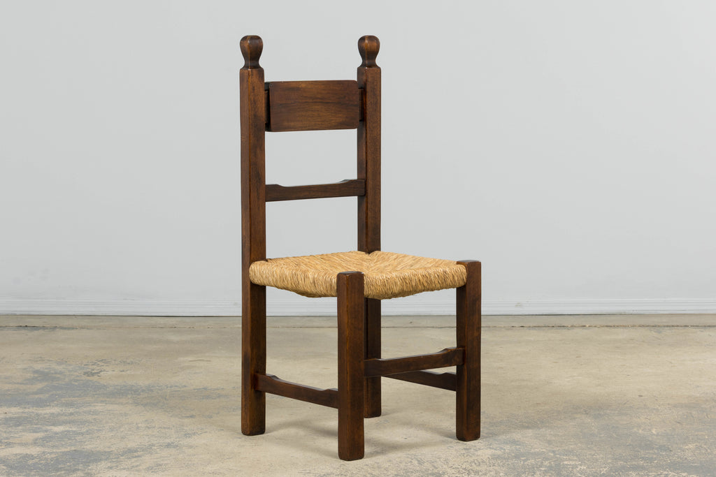 Set of Six French Provincial Oak Rush Seat Dining Chairs, Mid-20th Century