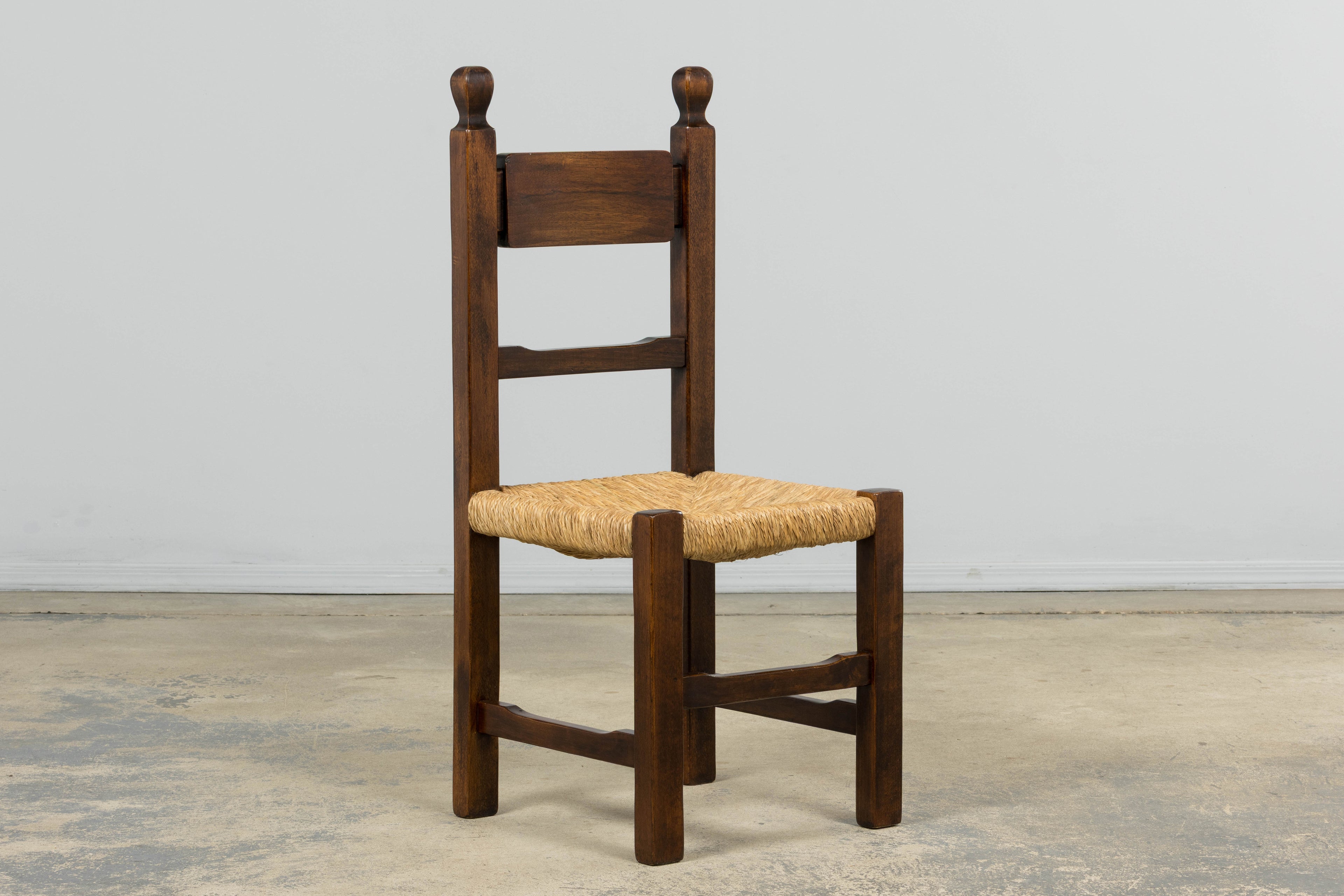 Set of Six French Provincial Oak Rush Seat Dining Chairs, Mid-20th Century