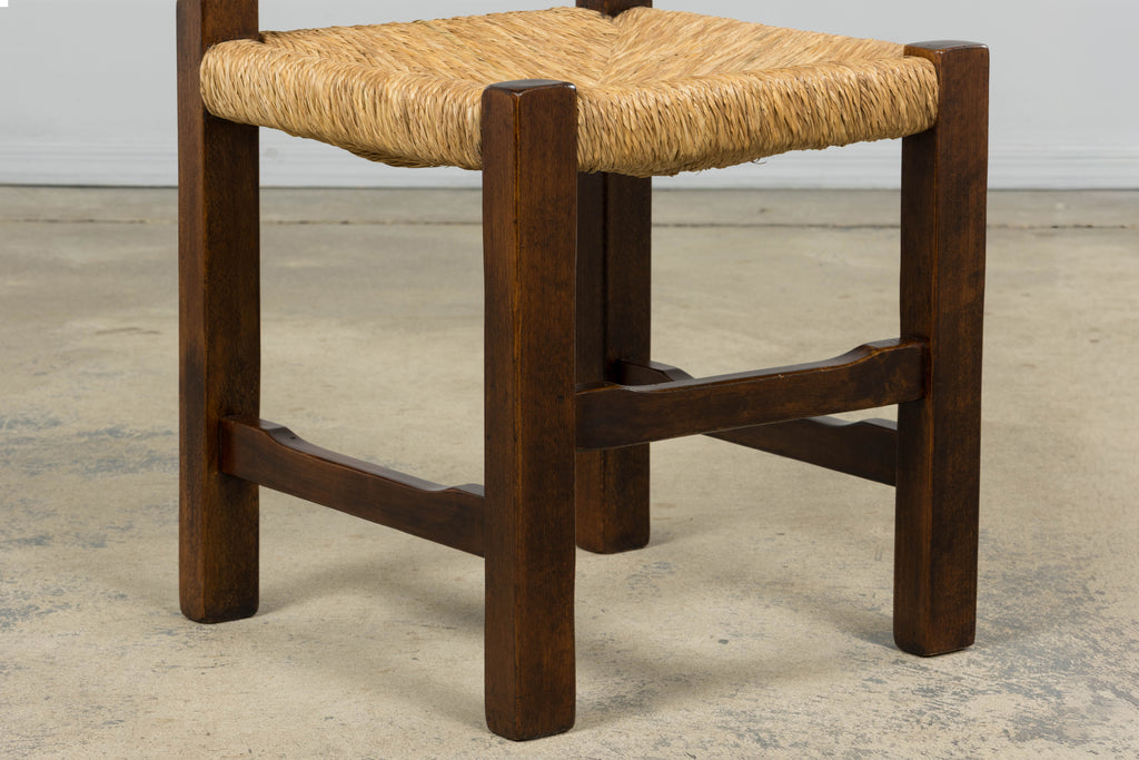 Set of Six French Provincial Oak Rush Seat Dining Chairs, Mid-20th Century