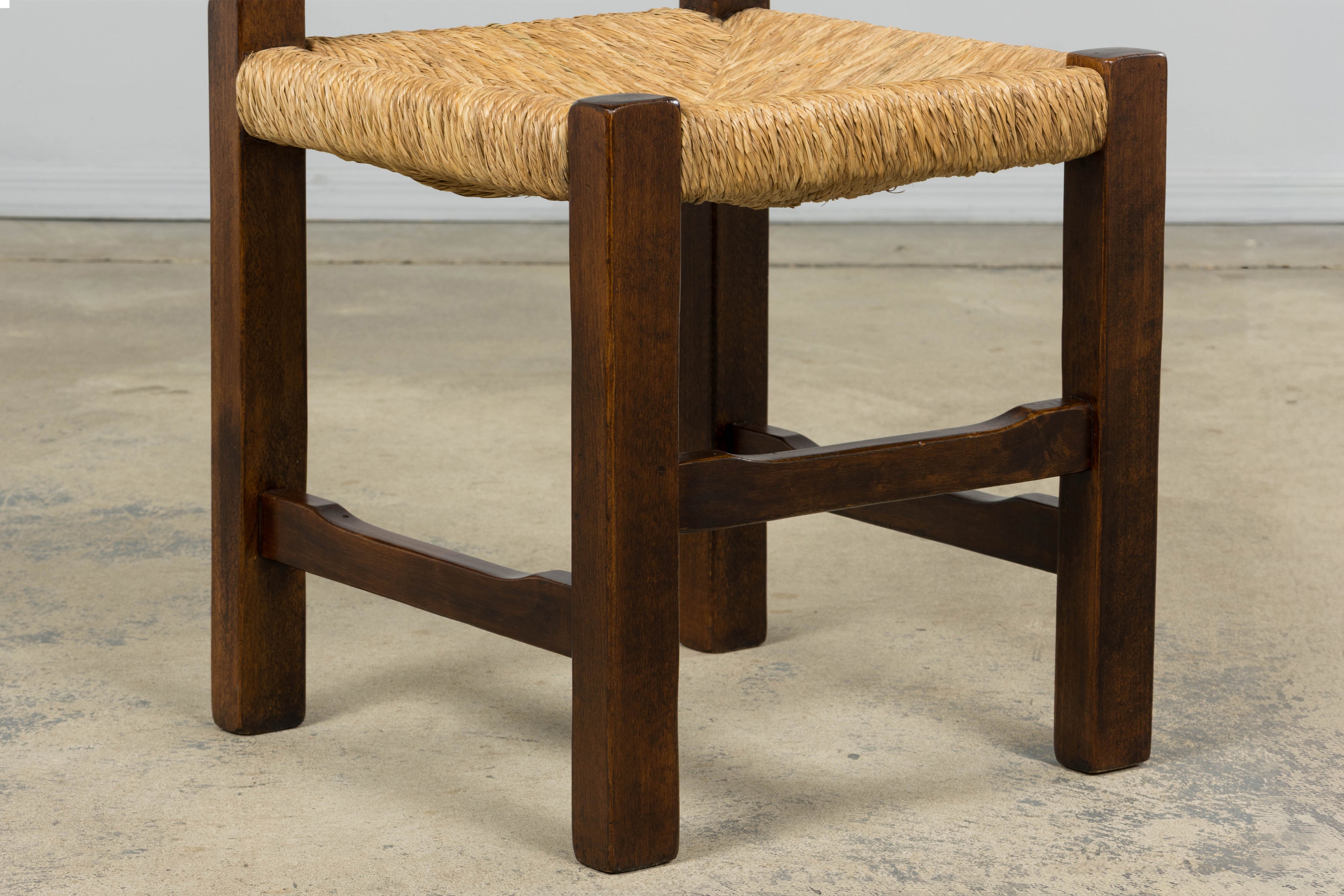 Set of Six French Provincial Oak Rush Seat Dining Chairs, Mid-20th Century