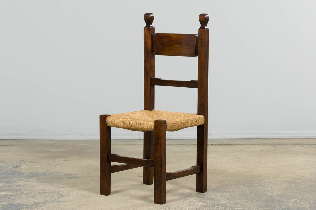 Set of Six French Provincial Oak Rush Seat Dining Chairs, Mid-20th Century