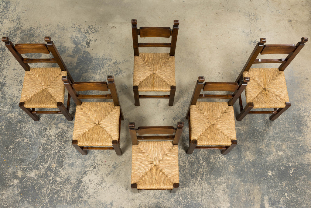 Set of Six French Provincial Oak Rush Seat Dining Chairs, Mid-20th Century