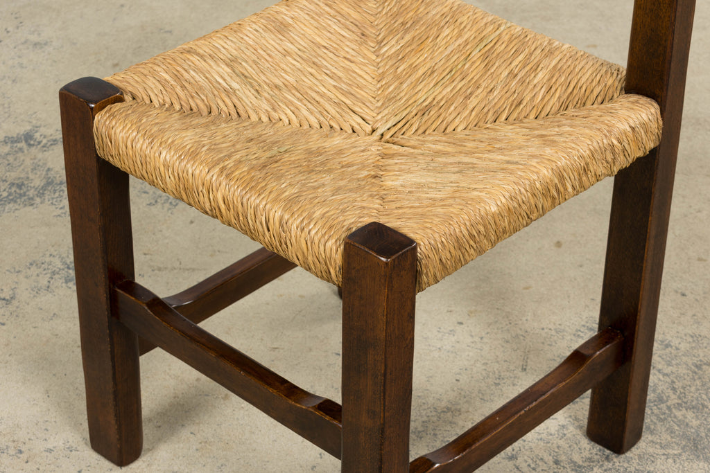 Set of Six French Provincial Oak Rush Seat Dining Chairs, Mid-20th Century