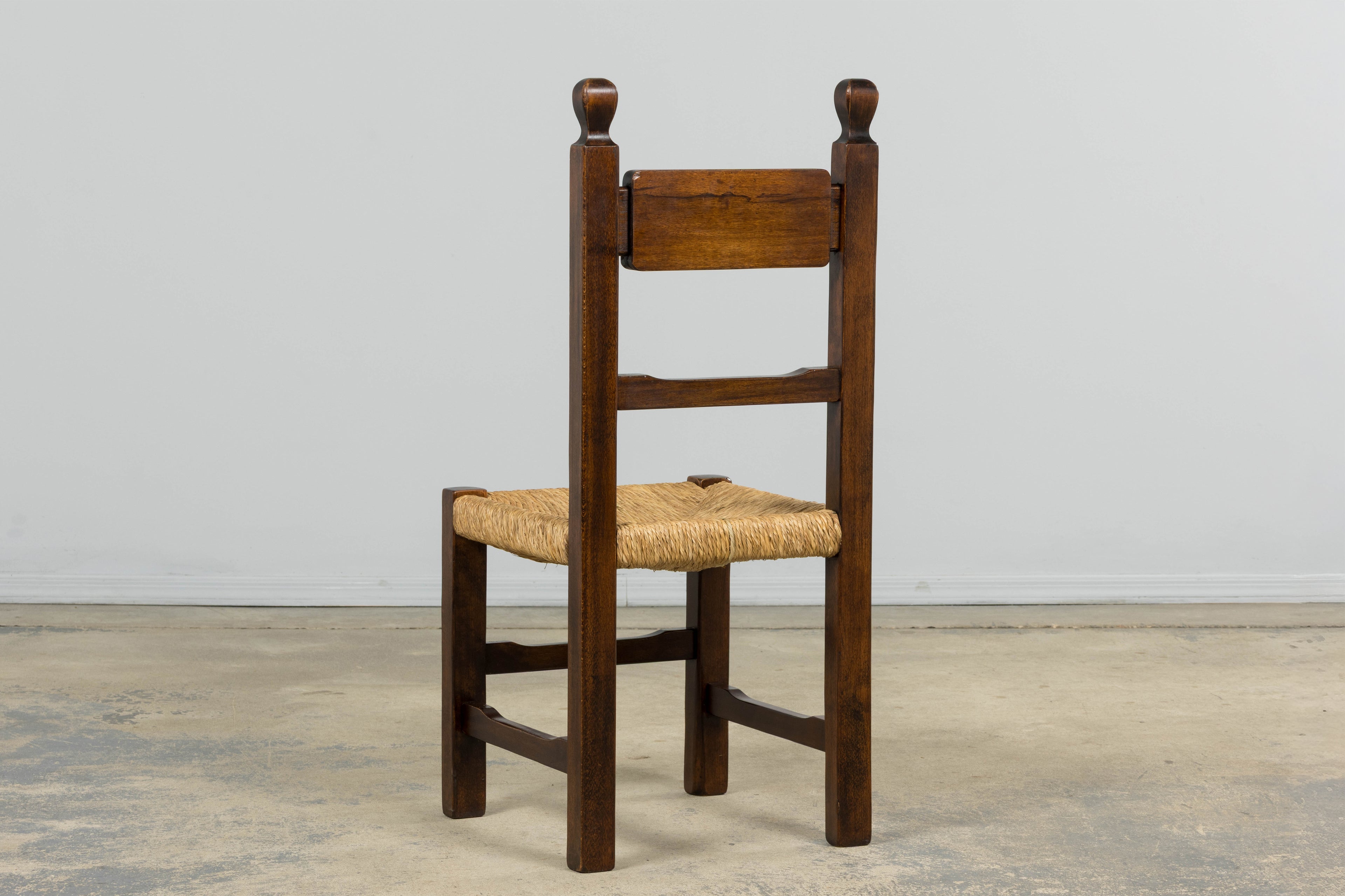 Set of Six French Provincial Oak Rush Seat Dining Chairs, Mid-20th Century