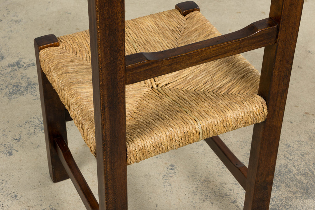 Set of Six French Provincial Oak Rush Seat Dining Chairs, Mid-20th Century