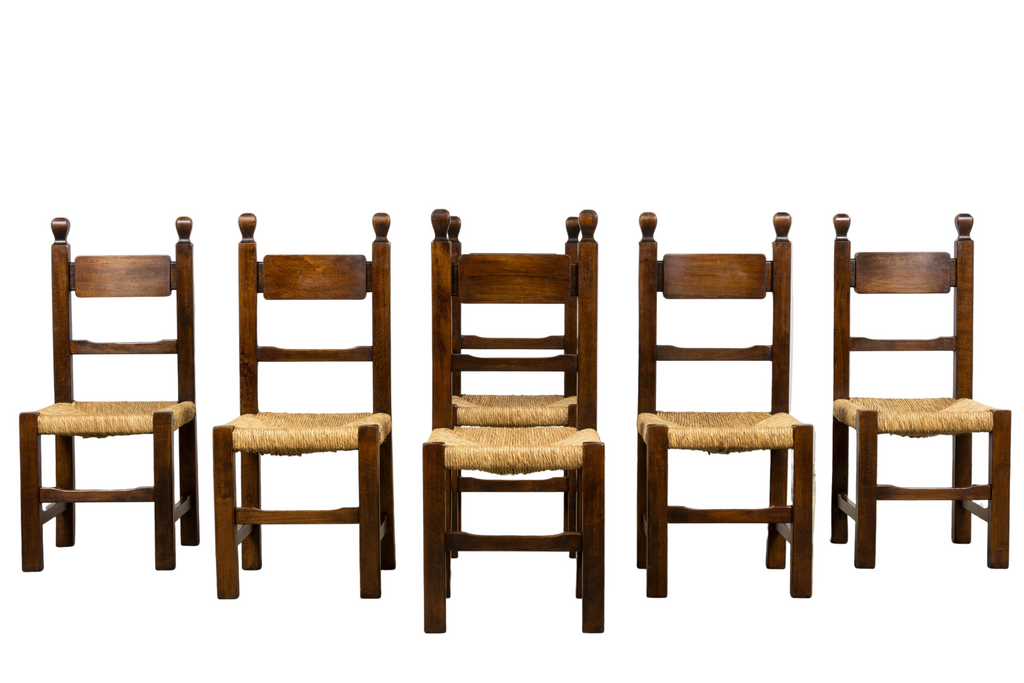 Set of Six French Provincial Oak Rush Seat Dining Chairs, Mid-20th Century