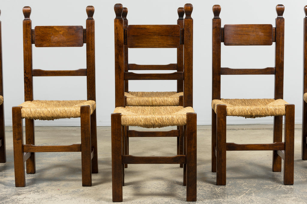 Set of Six French Provincial Oak Rush Seat Dining Chairs, Mid-20th Century