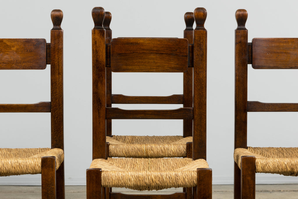 Set of Six French Provincial Oak Rush Seat Dining Chairs, Mid-20th Century