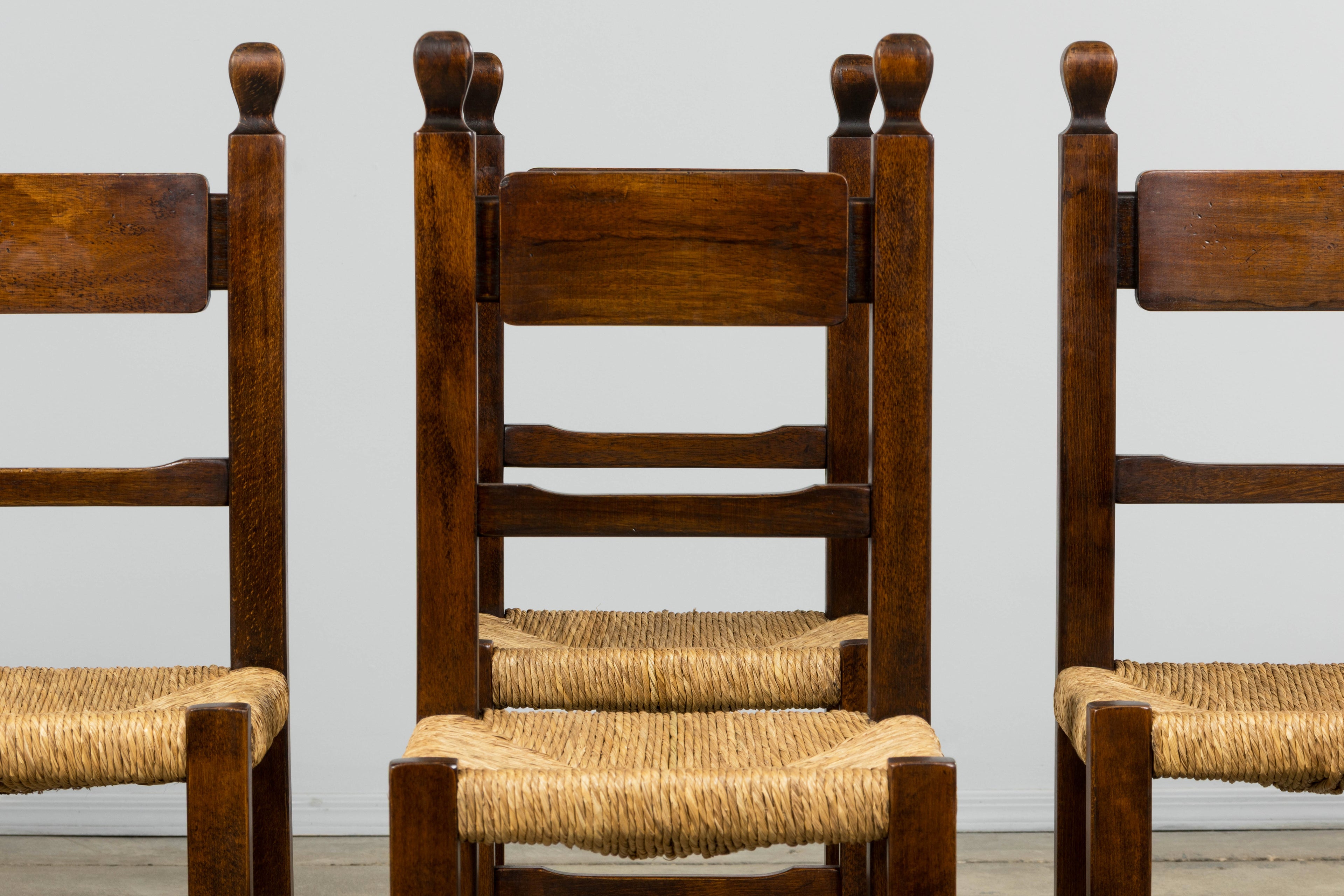 Set of Six French Provincial Oak Rush Seat Dining Chairs, Mid-20th Century