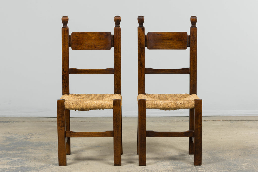 Set of Six French Provincial Oak Rush Seat Dining Chairs, Mid-20th Century