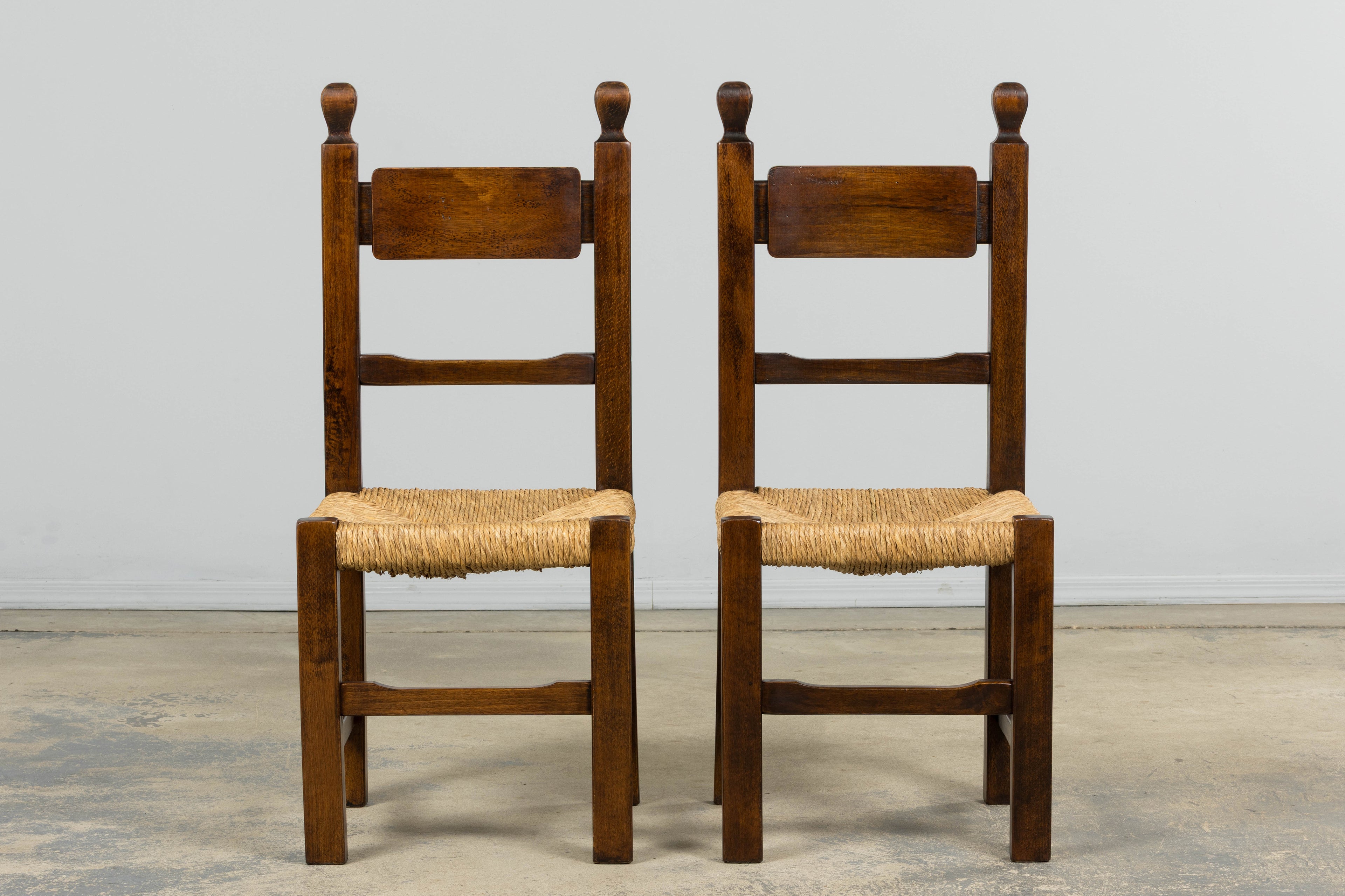 Set of Six French Provincial Oak Rush Seat Dining Chairs, Mid-20th Century