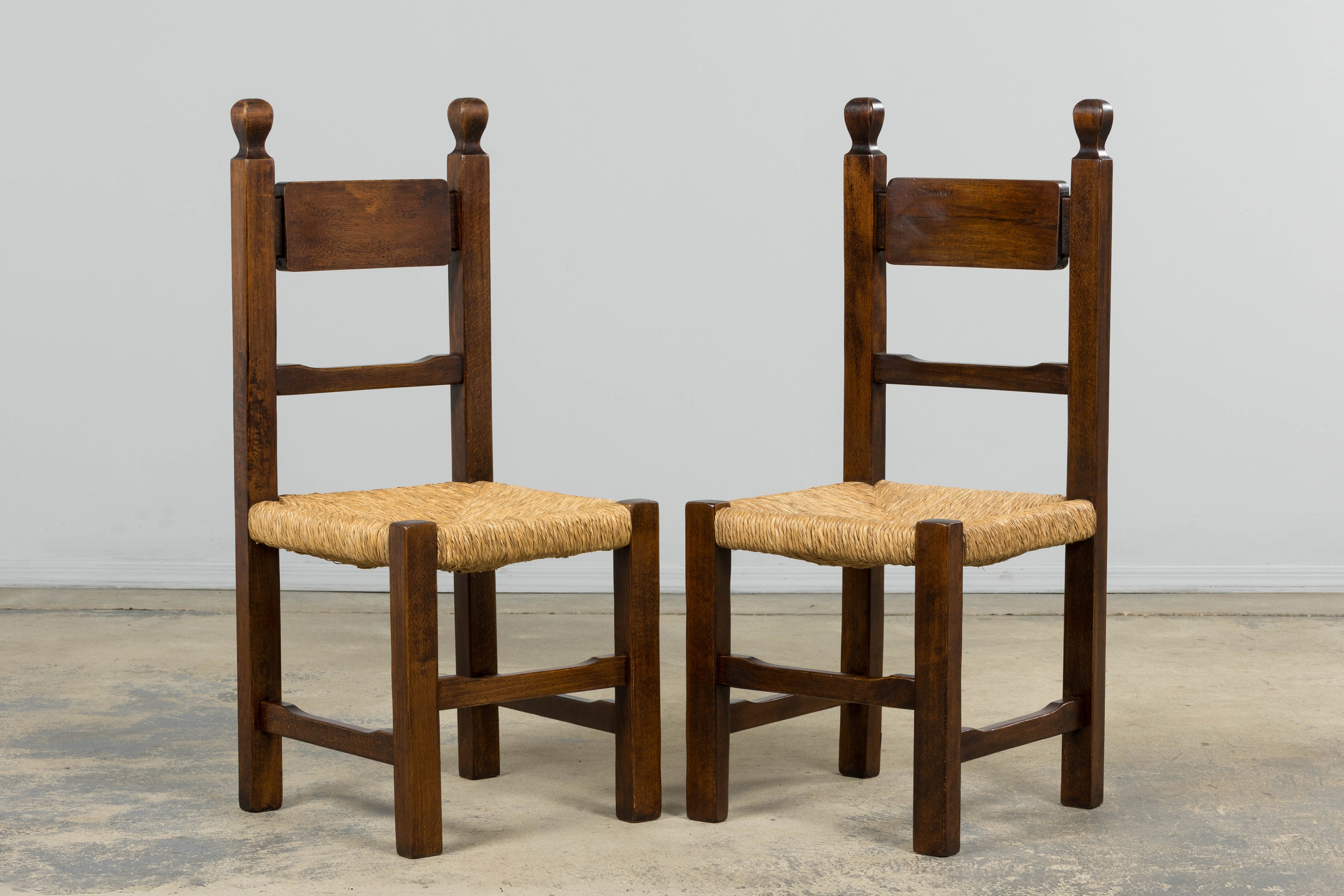 Set of Six French Provincial Oak Rush Seat Dining Chairs, Mid-20th Century
