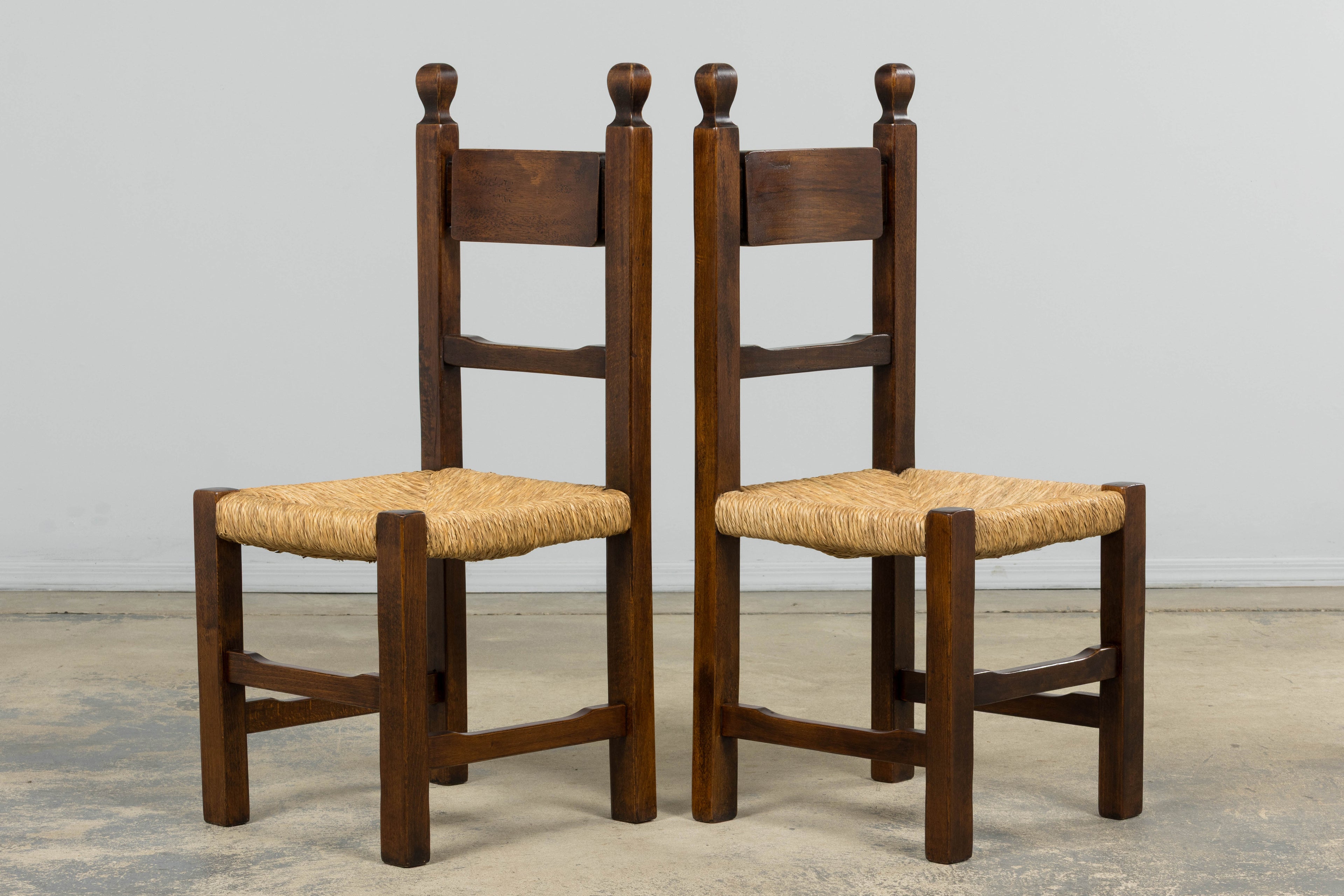 Set of Six French Provincial Oak Rush Seat Dining Chairs, Mid-20th Century