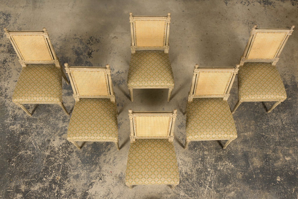 Set of Six Late 19th Century French Louis XVI Style Painted Cane Back Dining Chairs