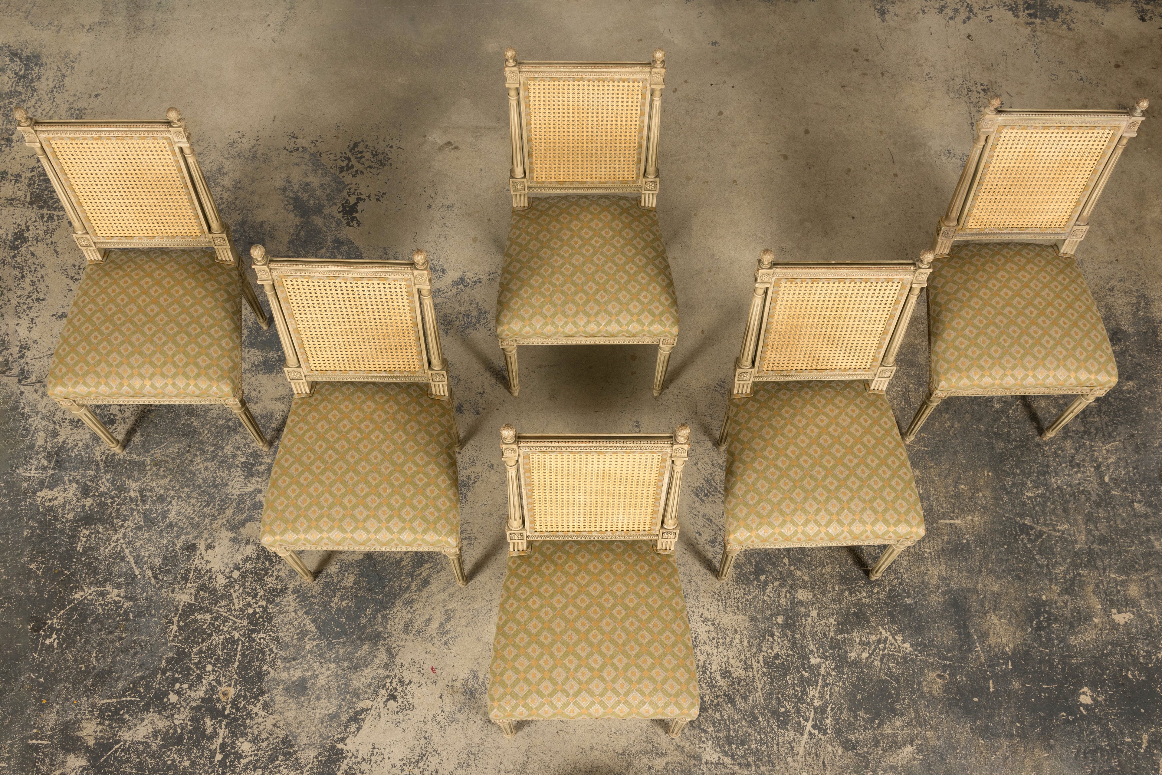 Set of Six Late 19th Century French Louis XVI Style Painted Cane Back Dining Chairs