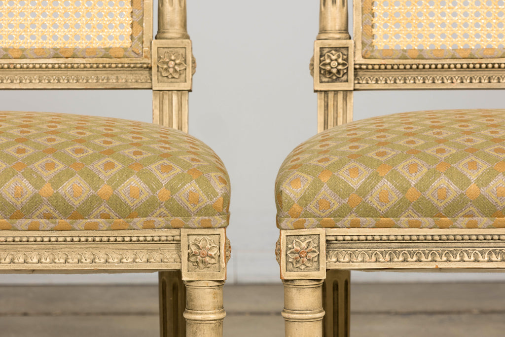 Set of Six Late 19th Century French Louis XVI Style Painted Cane Back Dining Chairs