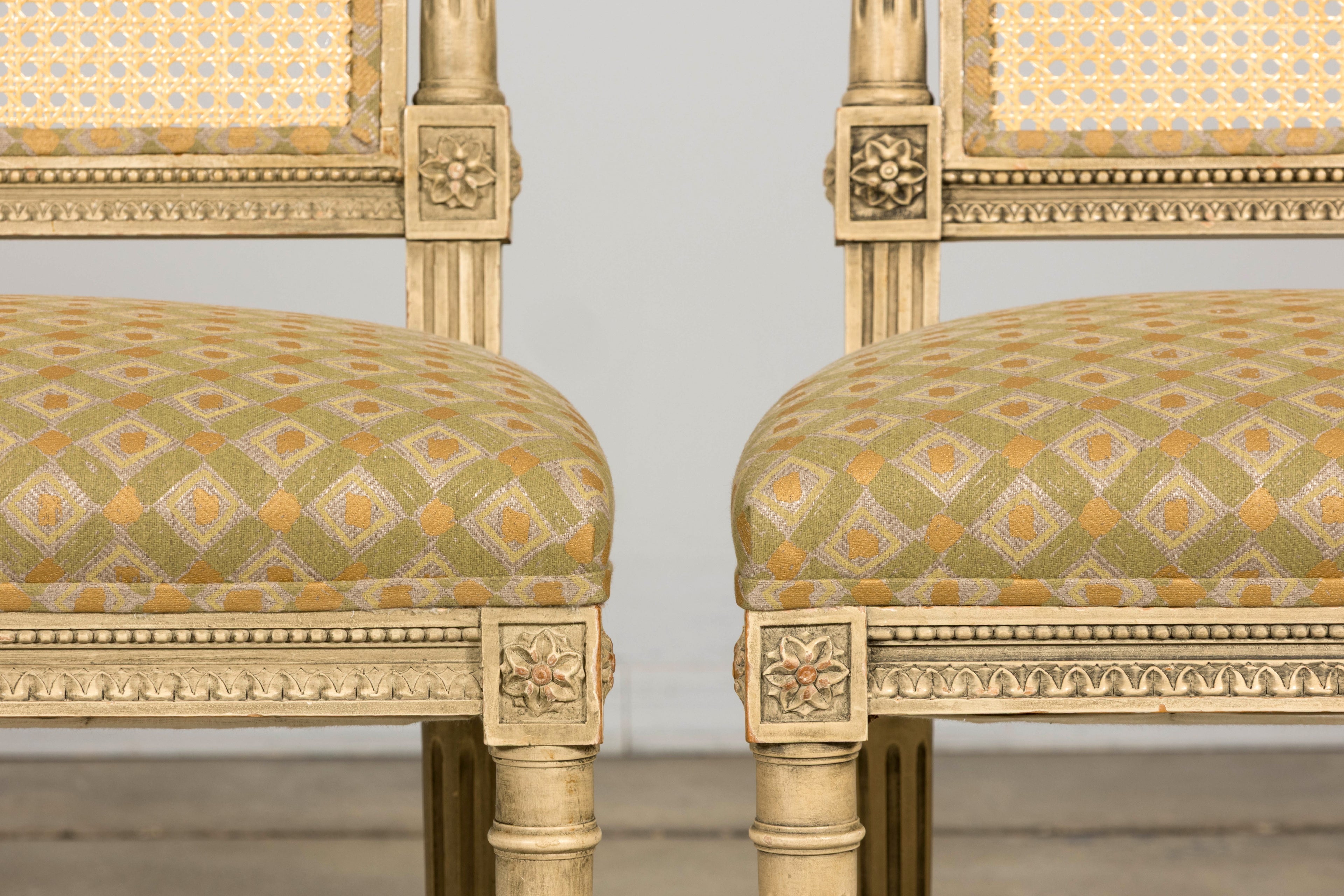 Set of Six Late 19th Century French Louis XVI Style Painted Cane Back Dining Chairs