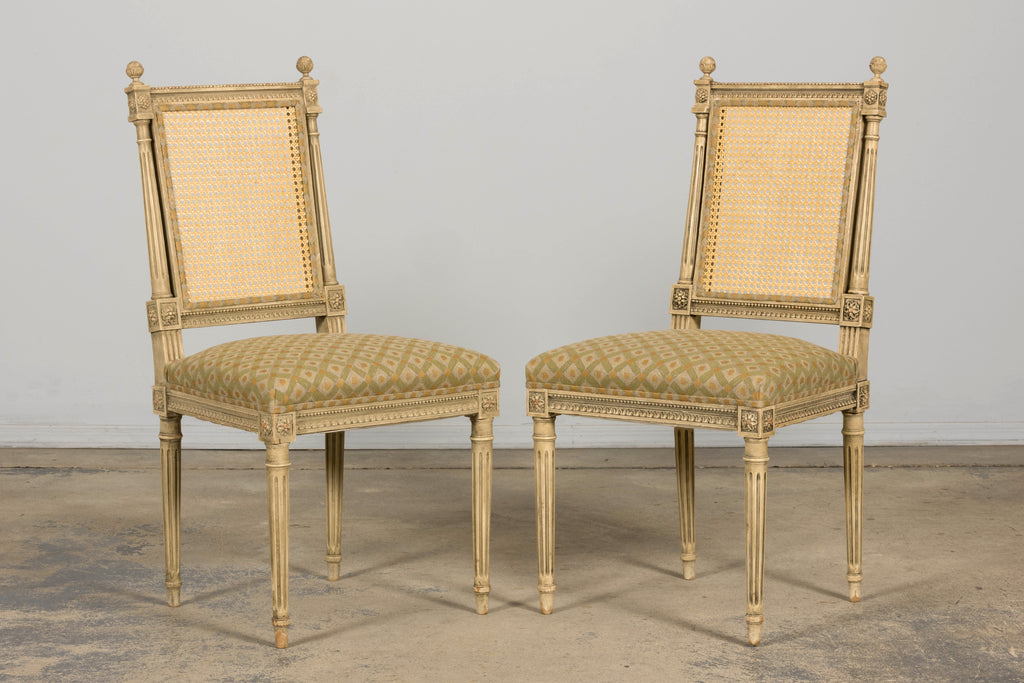 Set of Six Late 19th Century French Louis XVI Style Painted Cane Back Dining Chairs