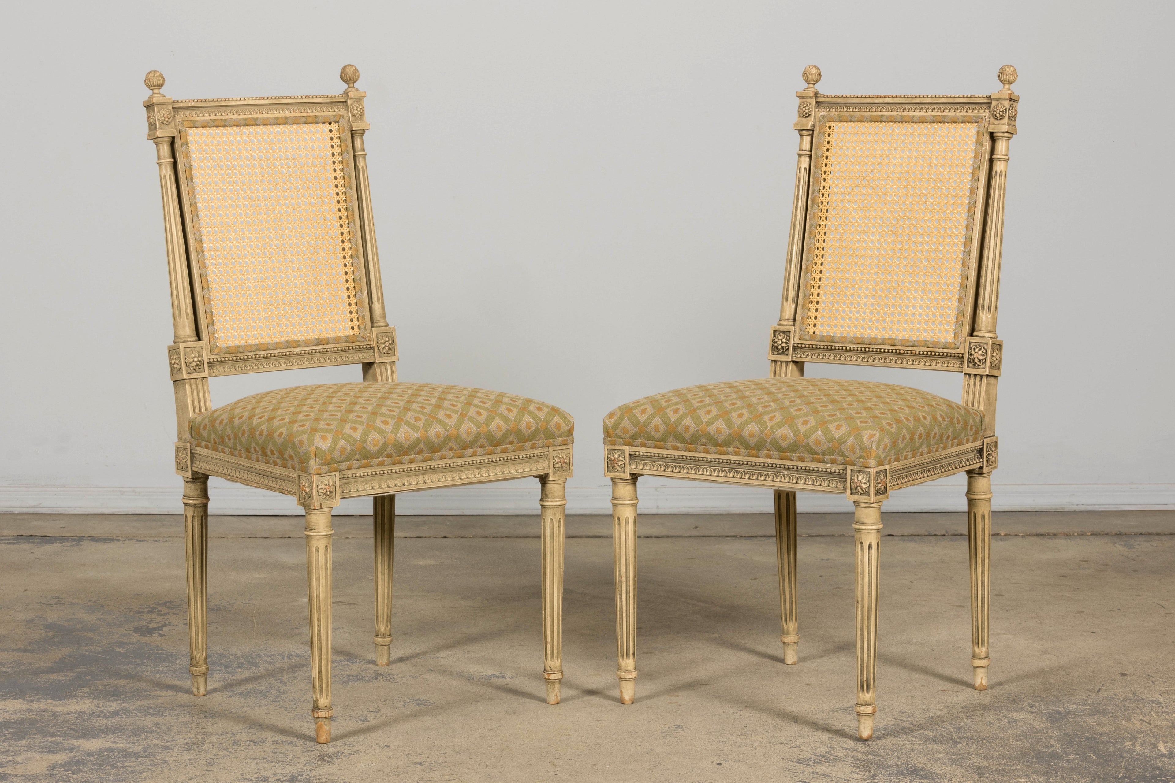 Set of Six Late 19th Century French Louis XVI Style Painted Cane Back Dining Chairs