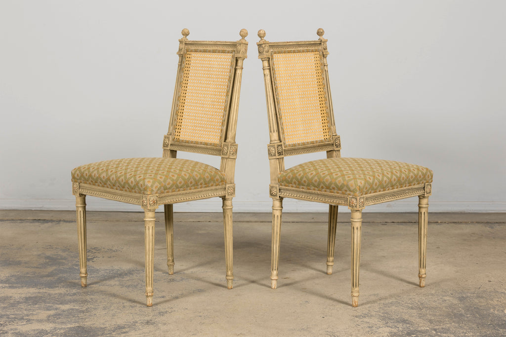 Set of Six Late 19th Century French Louis XVI Style Painted Cane Back Dining Chairs