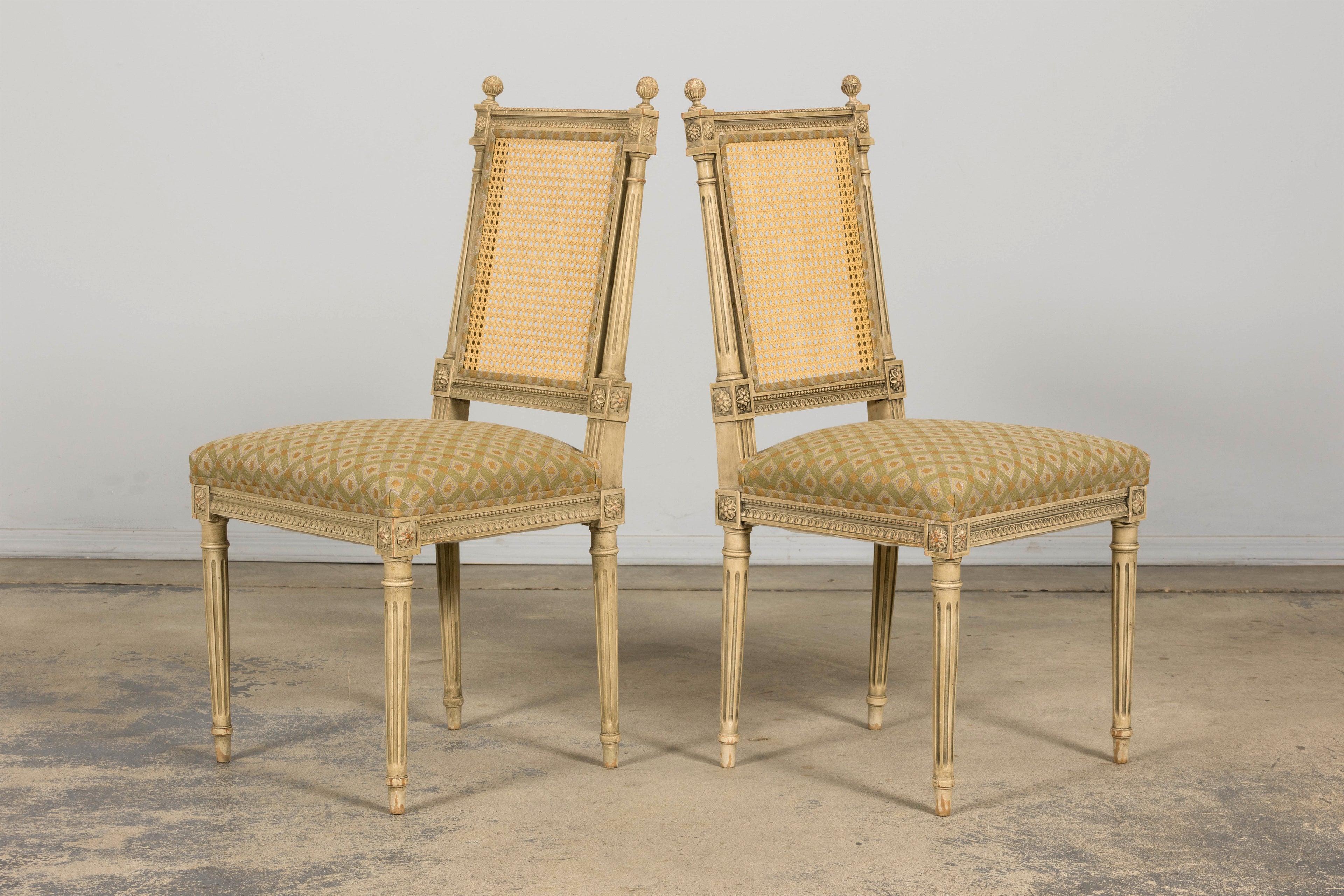 Set of Six Late 19th Century French Louis XVI Style Painted Cane Back Dining Chairs