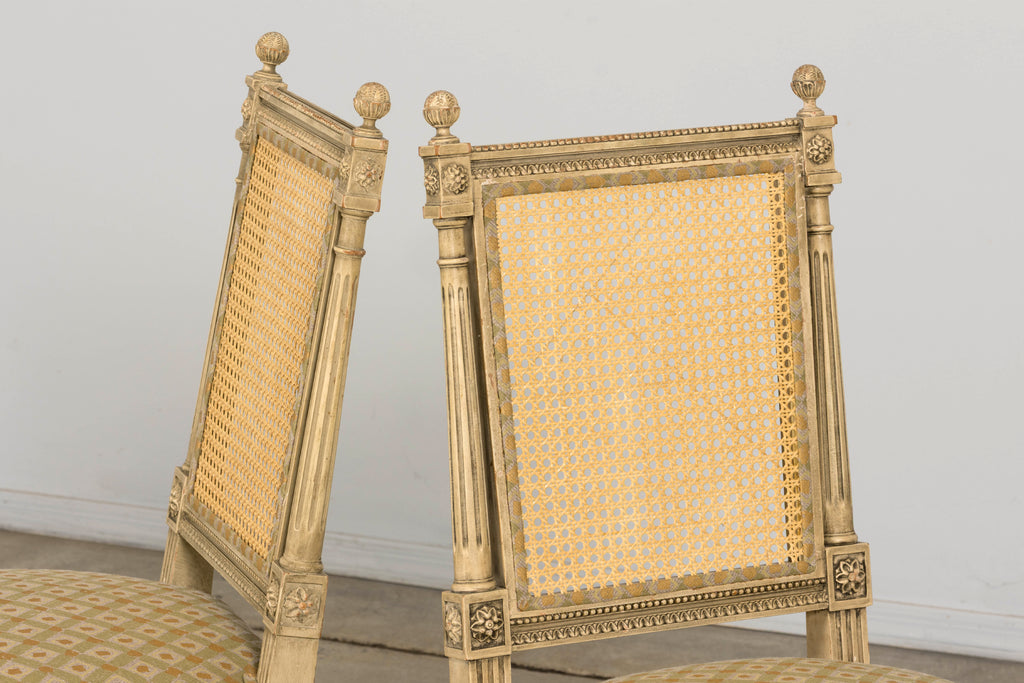 Set of Six Late 19th Century French Louis XVI Style Painted Cane Back Dining Chairs