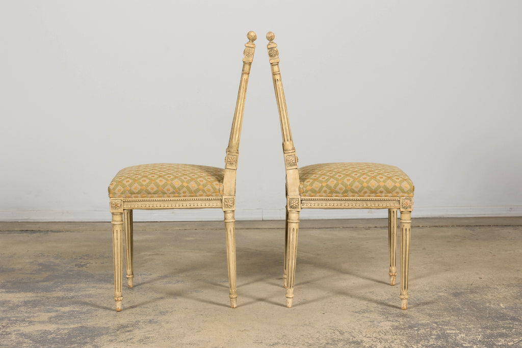 Set of Six Late 19th Century French Louis XVI Style Painted Cane Back Dining Chairs