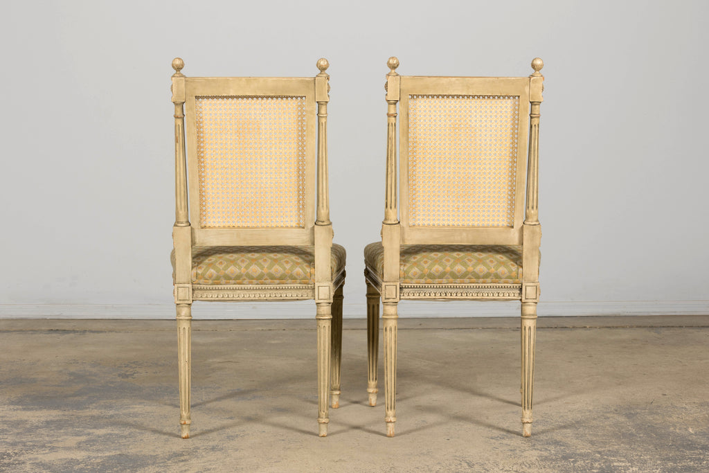 Set of Six Late 19th Century French Louis XVI Style Painted Cane Back Dining Chairs