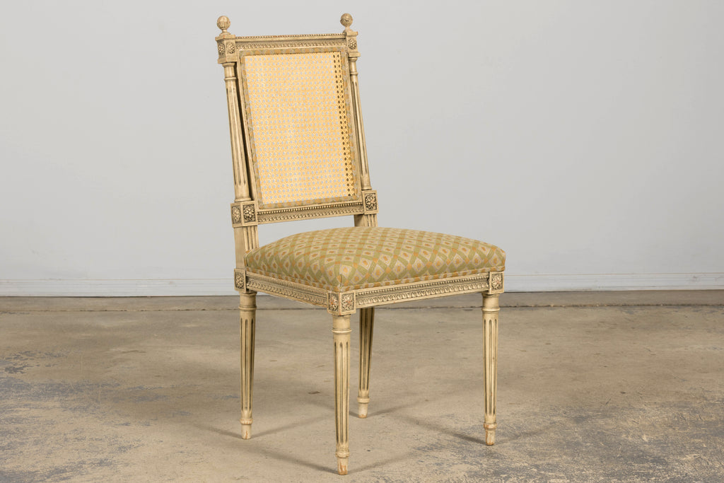 Set of Six Late 19th Century French Louis XVI Style Painted Cane Back Dining Chairs