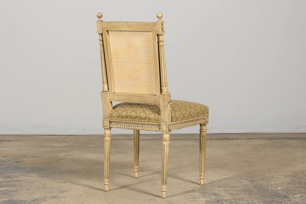 Set of Six Late 19th Century French Louis XVI Style Painted Cane Back Dining Chairs
