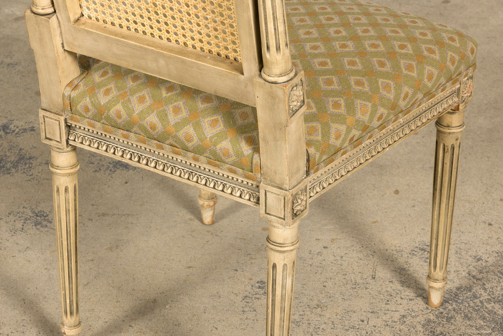 Set of Six Late 19th Century French Louis XVI Style Painted Cane Back Dining Chairs