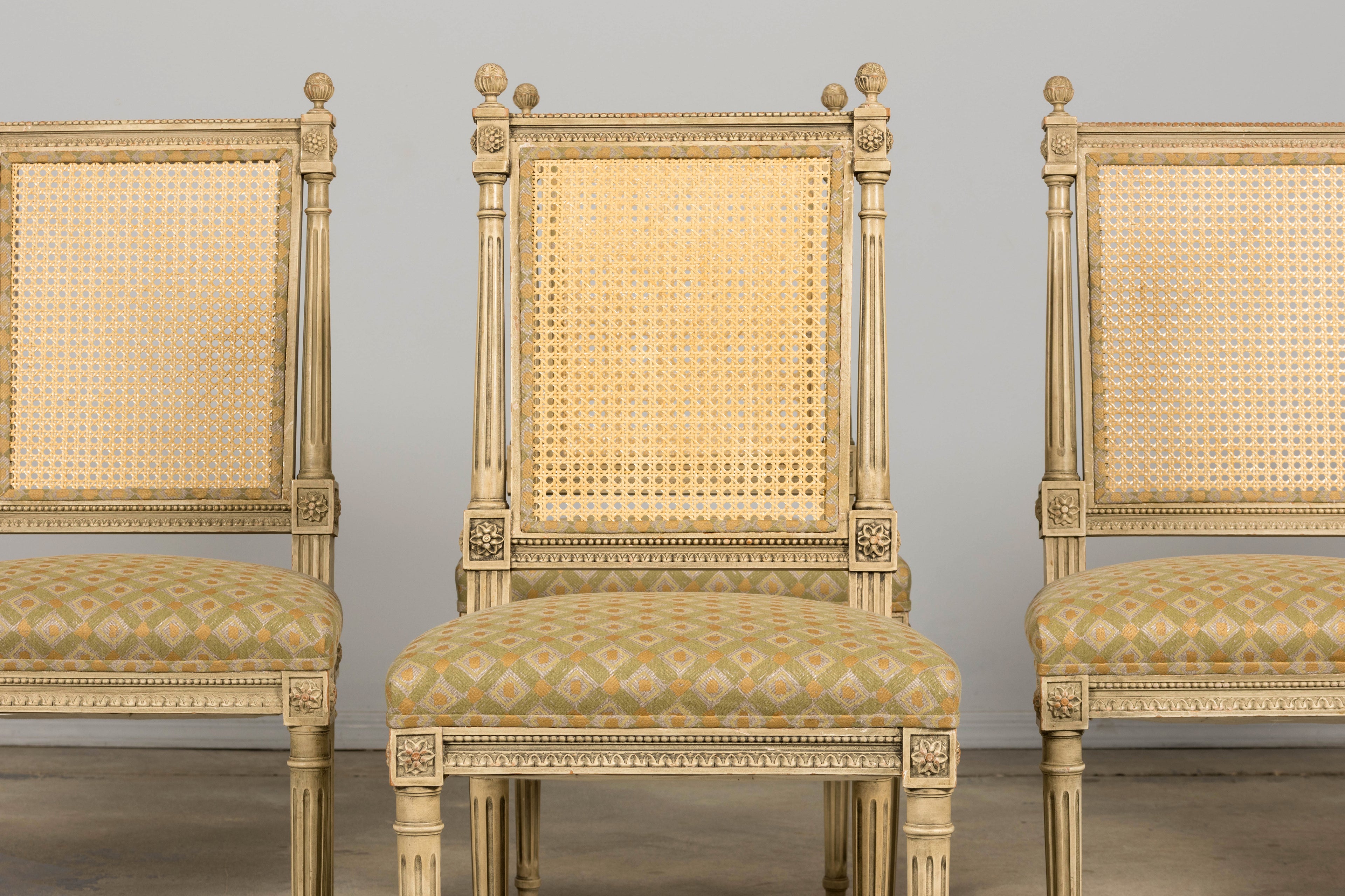 Set of Six Late 19th Century French Louis XVI Style Painted Cane Back Dining Chairs