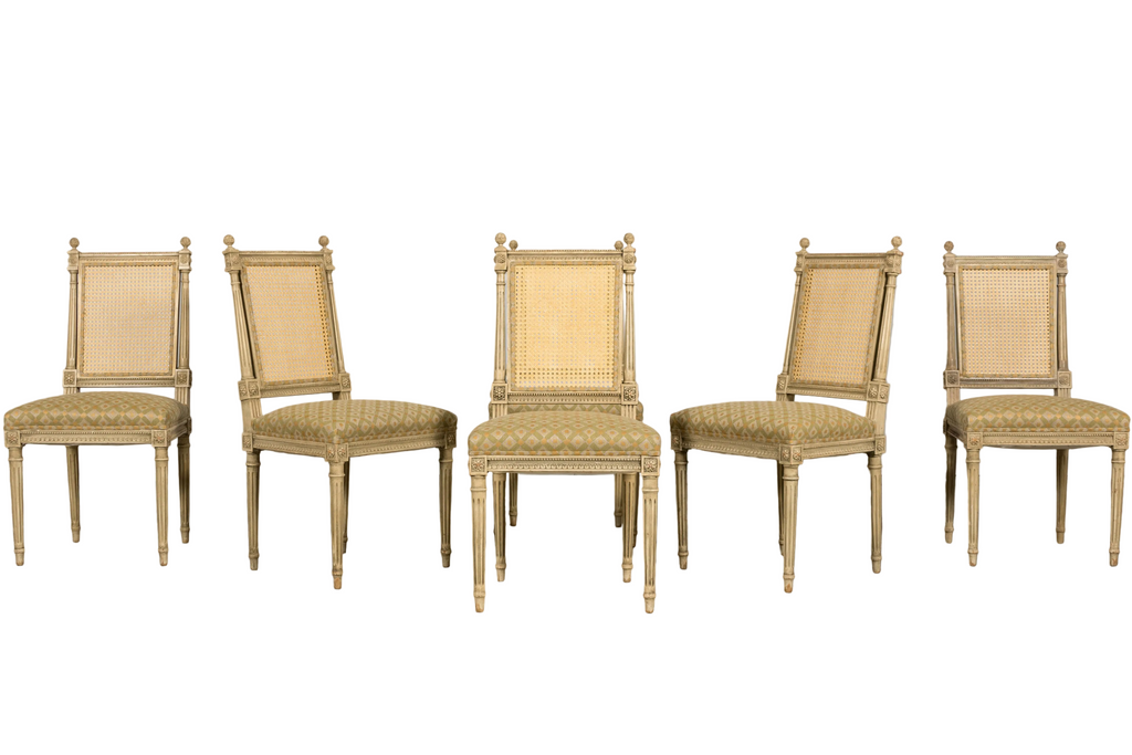 Set of Six Late 19th Century French Louis XVI Style Painted Cane Back Dining Chairs