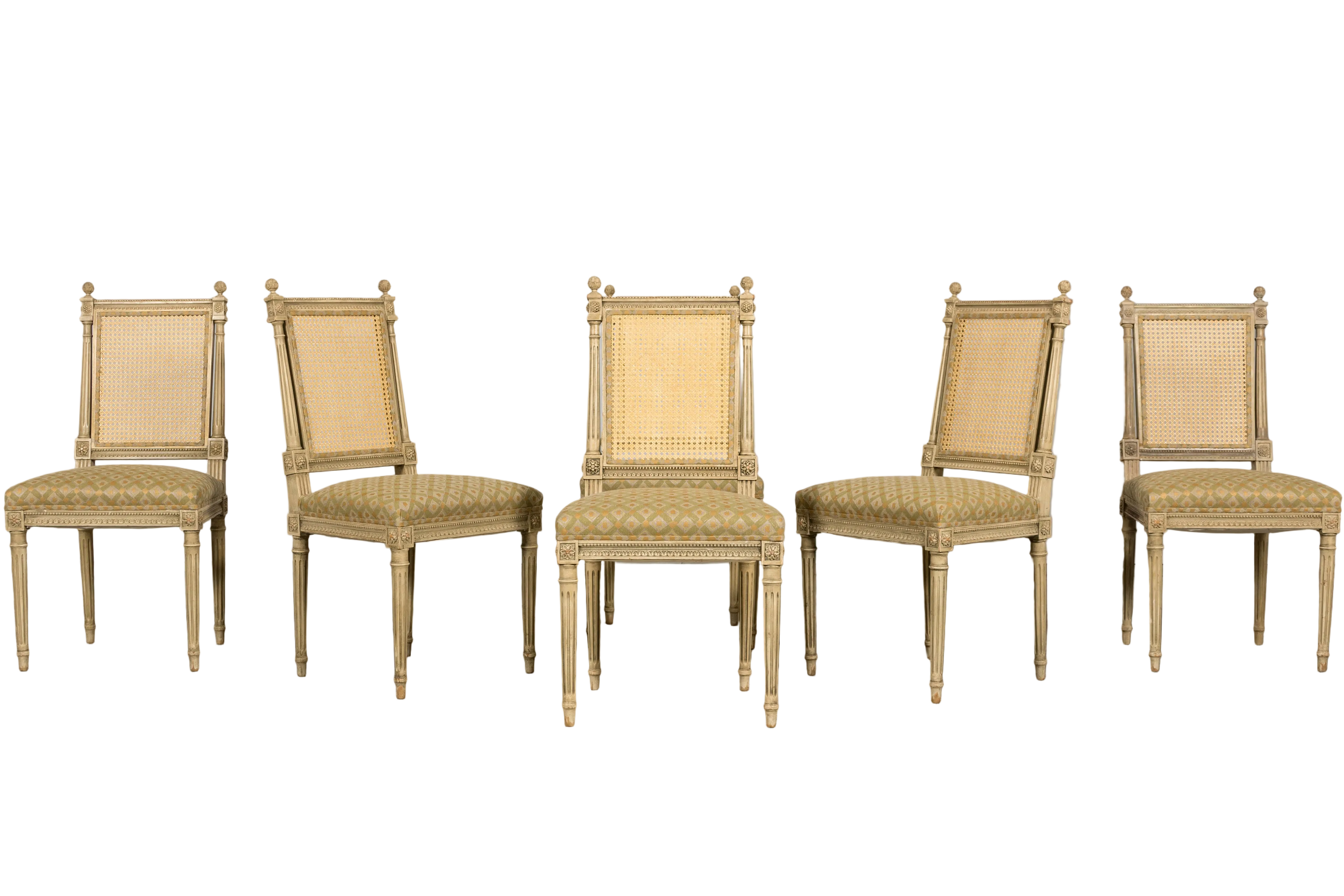 Set of Six Late 19th Century French Louis XVI Style Painted Cane Back Dining Chairs