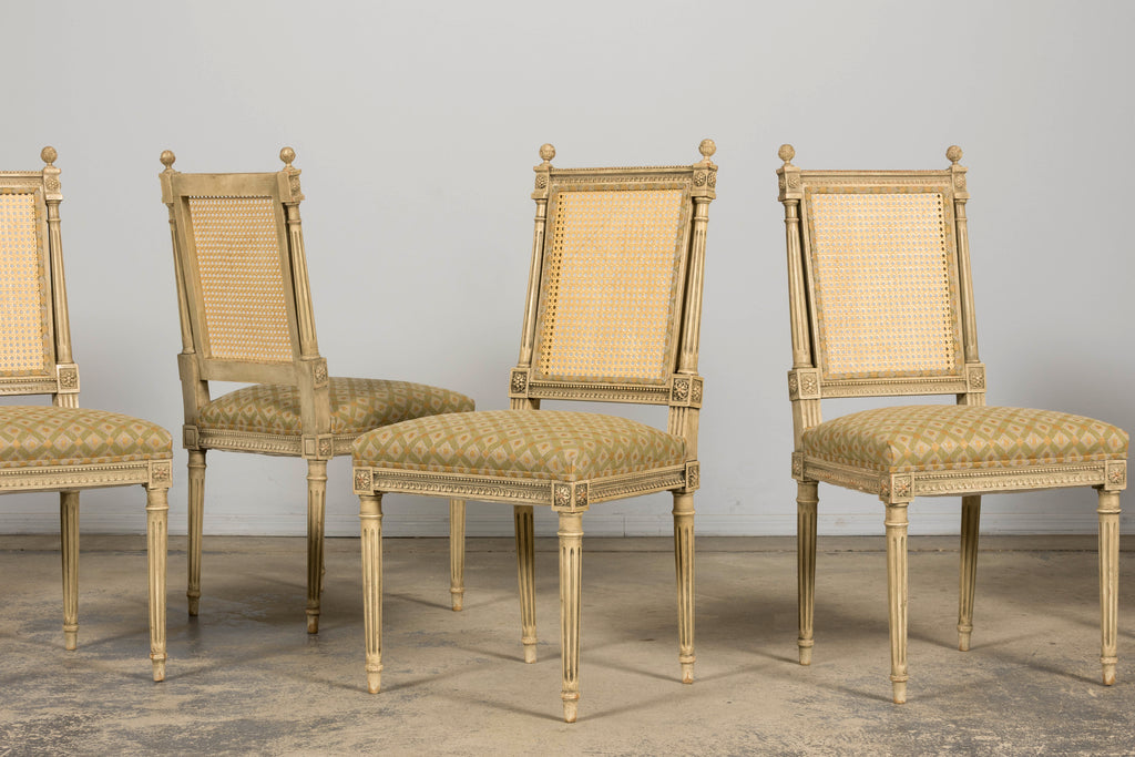 Set of Six Late 19th Century French Louis XVI Style Painted Cane Back Dining Chairs