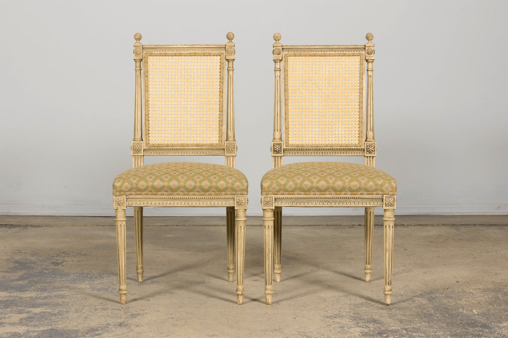 Set of Six Late 19th Century French Louis XVI Style Painted Cane Back Dining Chairs