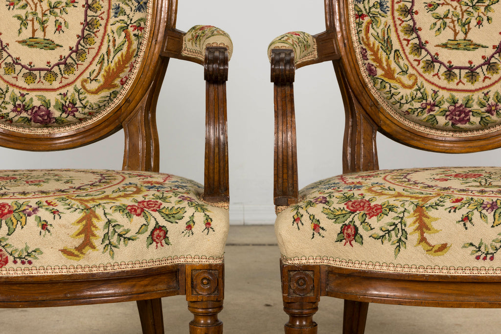Set of Six Late 19th Century French Louis XVI Style Walnut Chairs with Pair of Fauteuils