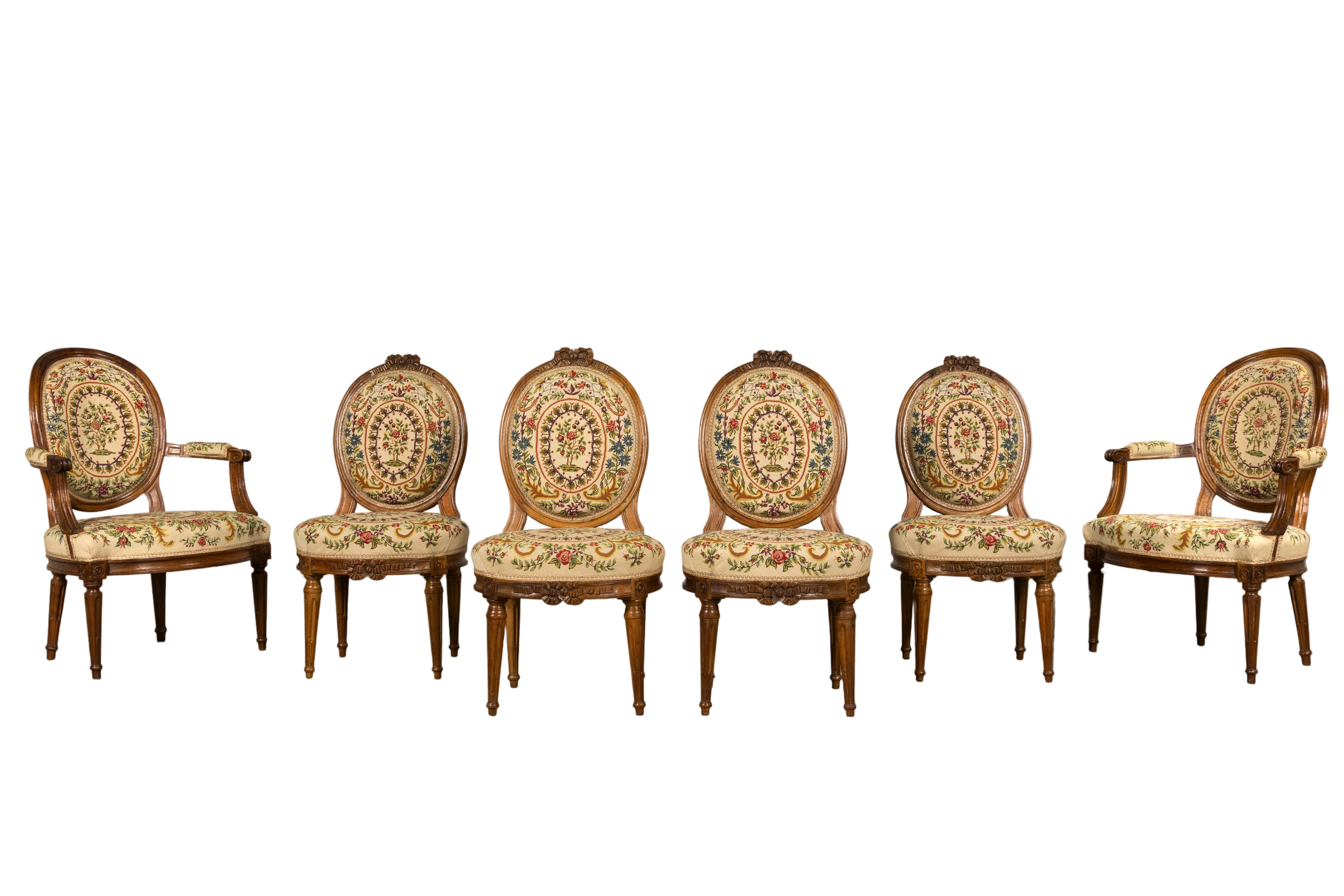 Set of Six Late 19th Century French Louis XVI Style Walnut Chairs with Pair of Fauteuils