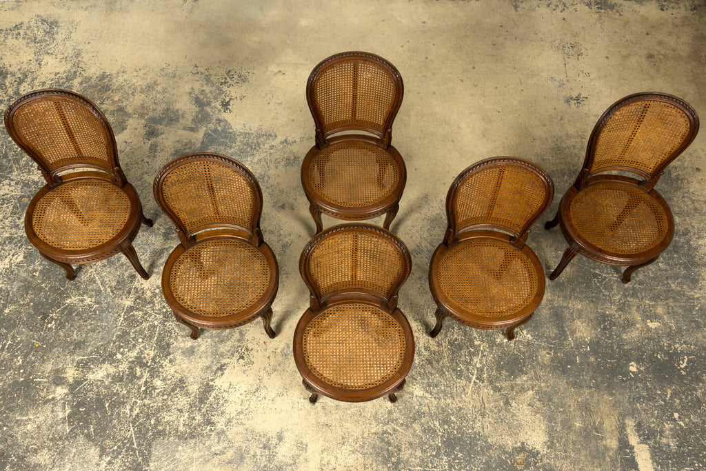 Set of Six Mid-19th Century French Napoleon III Carved Oak and Cane Dining Chairs