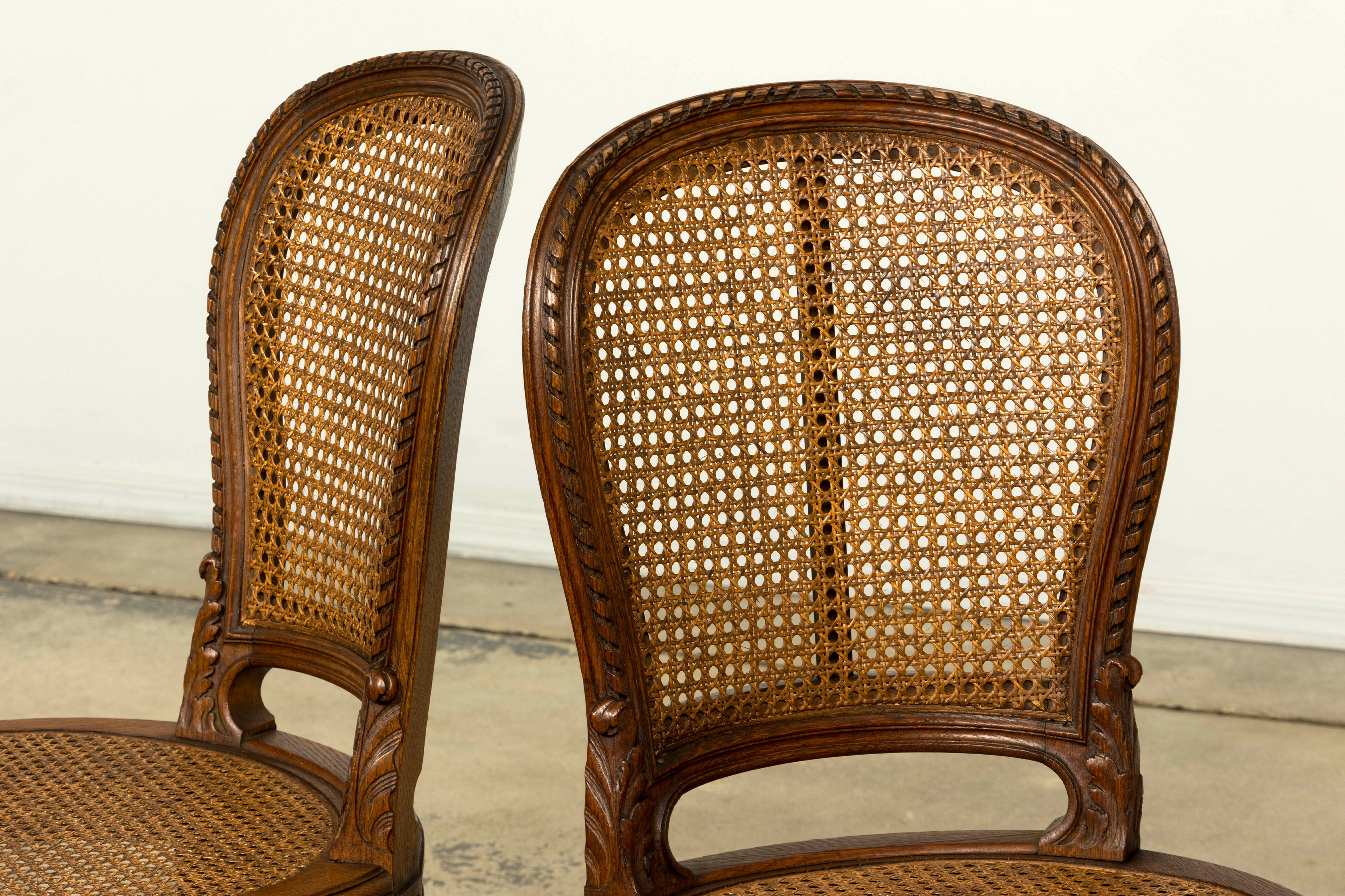 Set of Six Mid-19th Century French Napoleon III Carved Oak and Cane Dining Chairs
