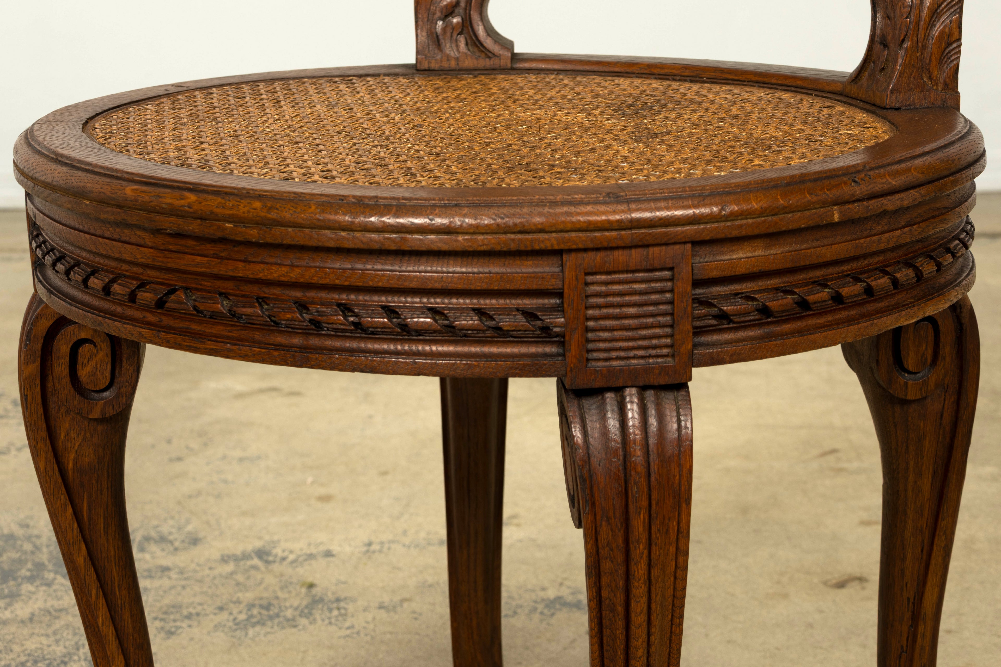 Set of Six Mid-19th Century French Napoleon III Carved Oak and Cane Dining Chairs