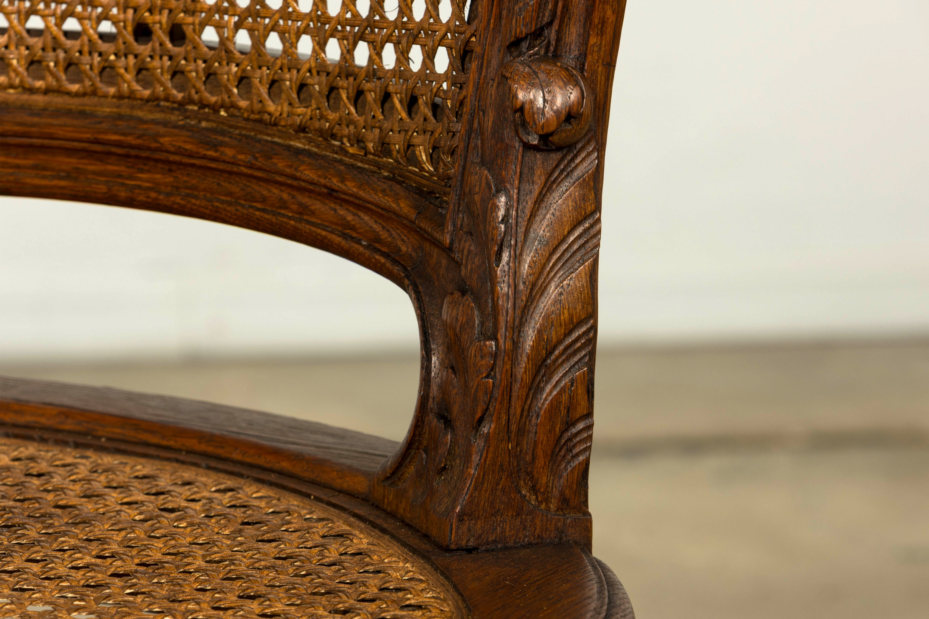 Set of Six Mid-19th Century French Napoleon III Carved Oak and Cane Dining Chairs