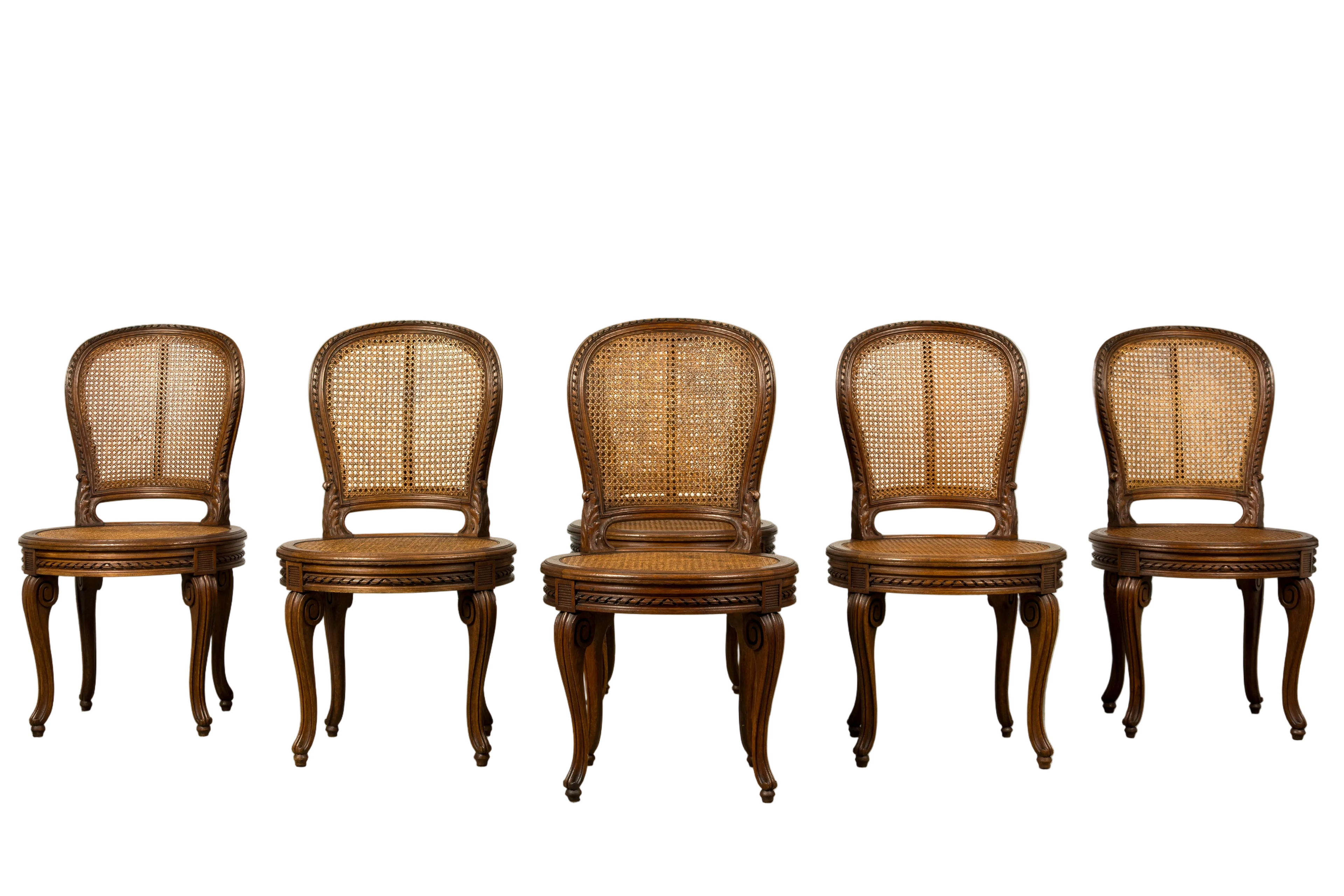 Set of Six Mid-19th Century French Napoleon III Carved Oak and Cane Dining Chairs