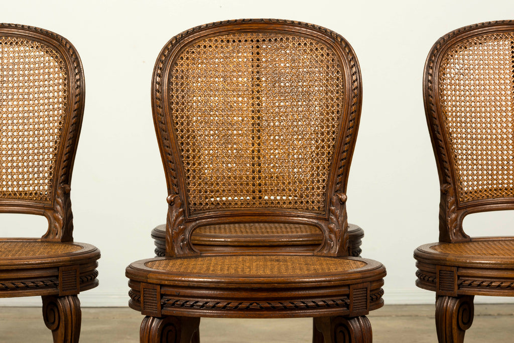 Set of Six Mid-19th Century French Napoleon III Carved Oak and Cane Dining Chairs