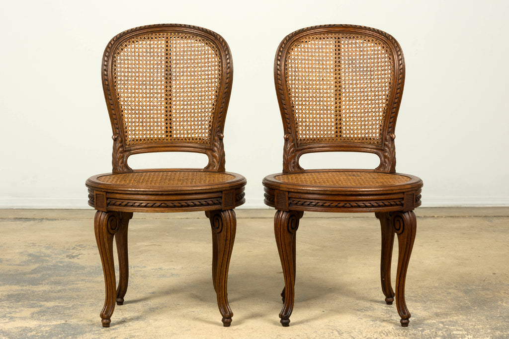 Set of Six Mid-19th Century French Napoleon III Carved Oak and Cane Dining Chairs